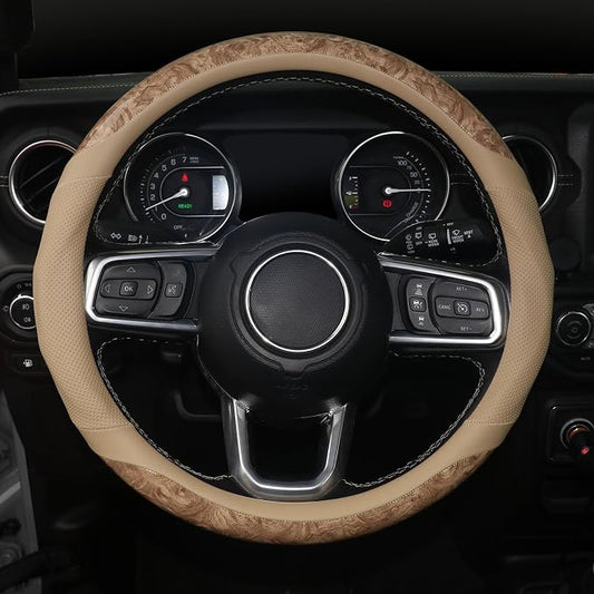 KAFEEK Wood Grain Steering Wheel Cover, Breathable Microfiber Leather, Non-Slip, Universal 14.5-15 inch Steering Wheel Accessory, Beige