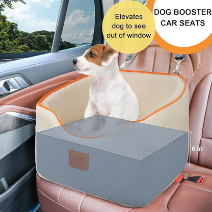 XIEEAOZEE Dog Car Seat for Small Dogs, Memory Foam Booster Dog Seat for Dogs up to 35 lbs, Elevated Pet Car Seat, Travel Safety Pet Seat with Washable Removable Cover, Storage Pockets (Beige)