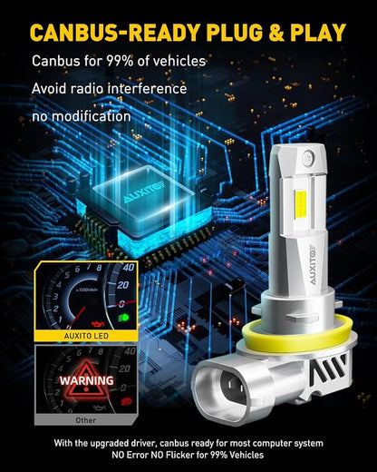 AUXITO H11/H8/H9 LED Bulbs 50,000LM 900% Brighter, 6500K Cool White, 3 Min Plug and Play Installation - Pack of 2