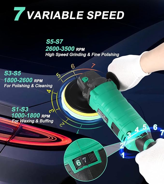 ZOTA Buffer Polisher, 1600W 7 Inch/6 Inch Pure Copper Motor Car Buffers and Polishers Kit, 7 Variable Speeds 1000-3500 RPM Car Polishers and Buffers, Ultra-long Cord for Car Boat Polishing Waxing.