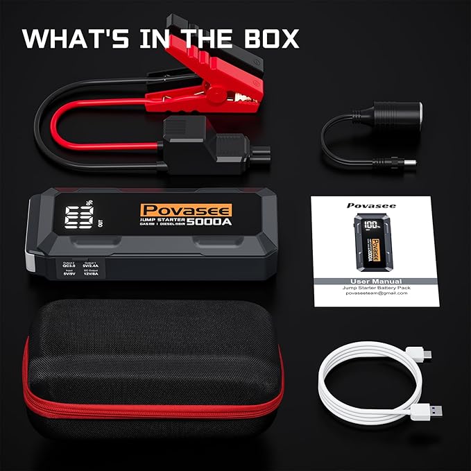 5000A Jump Starter | Povasee A40 Car Battery Jump Starter, 12V Portable Power Pack for All Gas & 10L Diesel Engines, with 3" LCD Display, Dual USB Output & Multi-Mode LED Light