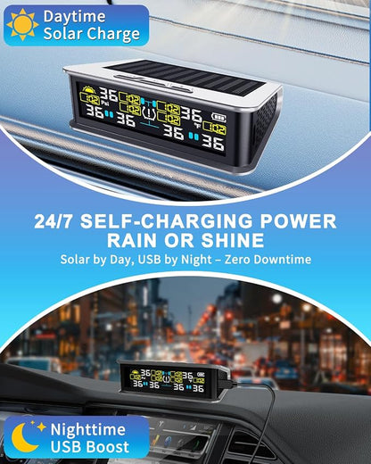 RV Tire Pressure Monitoring System with 6 Sensors, 6 Tire Positions Monitoring, 0-144 PSI Range, Solar & USB Rechargeable Display, Color Screen for RV, Trailer, Dually Truck and Tow Vehicle