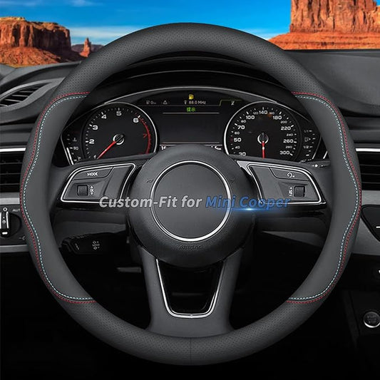 Deer Route Custom-Fit for Mini Steering Wheel Cover, Premium Leather Car Steering Wheel Cover with Logo, Non-Slip, Breathable, for Mini Accessories (A-Style,for Mini Cooper)