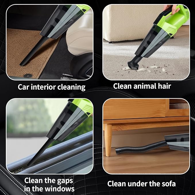 Cordless Car Vacuum: Portable Handheld Vacuum with LED Light, High Power Suction, Lightweight Rechargeable Hand Vacuum Cleaner for Car, Home, Office, and Pet Hair - Green