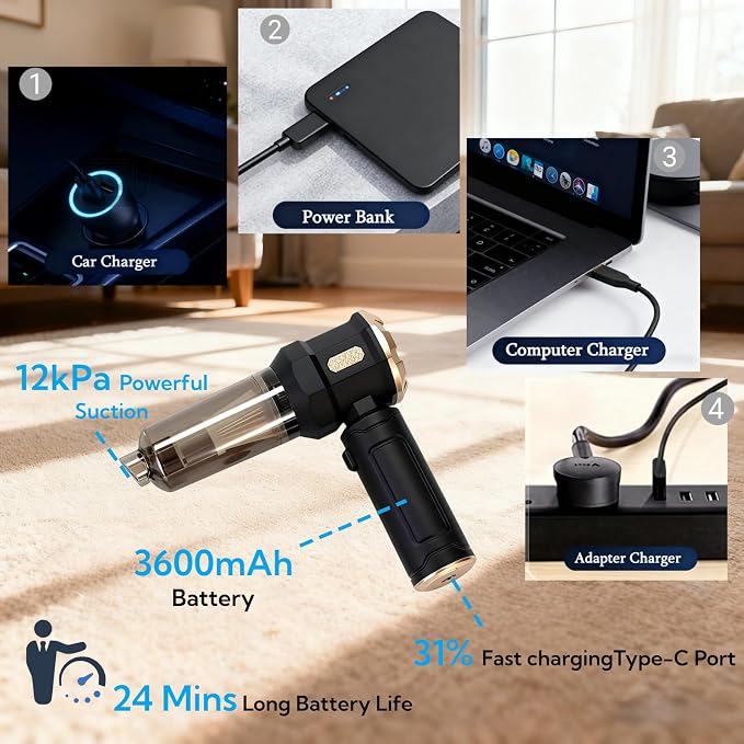 Handheld Car Vacuum Cleaner, 16000Pa Vacuum Cleaner and Air Duster, Portable Cordless Hand Held Vacuum with Brushless Motor and Multi-Nozzles for Car, Home, Office, Pet