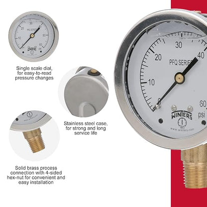 Winters 2-1/2" Dial Size, Liquid Filled Industrial Pressure Gauge, Brass Internals, 304 Stainless Steel Case, Single Scale 0-60 psi, 1.5% Acc, 1/4" NPT Bottom Mount, Glycerin Filled Pressure Gauge