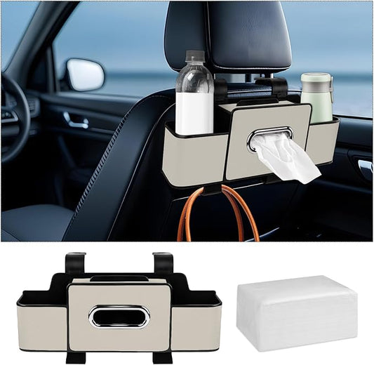 Car Back Seat Organizer with Tissue, Car Seat Back Tissue Box and Storage Hook, Multifunctional Car Organizer for Hold Phone,Drinks,Handbag,Compatible with Most Vehicles (Beige)