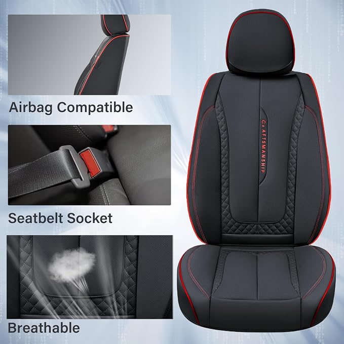Coverado Car Seat Cover Front Seats, Red Seat Covers Front Seats, Nappa Leather Waterproof, Car Seat Cushion, Car Seat Protector Universal Fit Most Cars