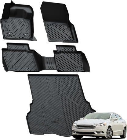 LASFIT Floor Mats & Cargo Liner for 2013-2016 Ford Fusion (Only Fit Gasoline), Custom Fit Full Coverage All-Weather Floor Liners with Trunk Mat, TPE Fusion Accessories, Black