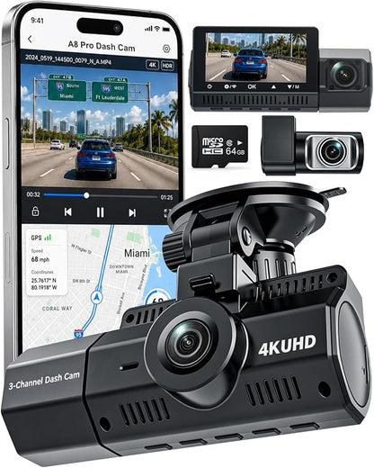 4K+2.5K+2.5K Dash Cam, STARVIS 2 Dash Camera 3-Channel, Free 64GB Card, Dashcam with 5G WiFi GPS, G-Sensor,Loop Recording, HDR, 24H Parking Monitor, Car Dash Cam for Rideshare & Taxi