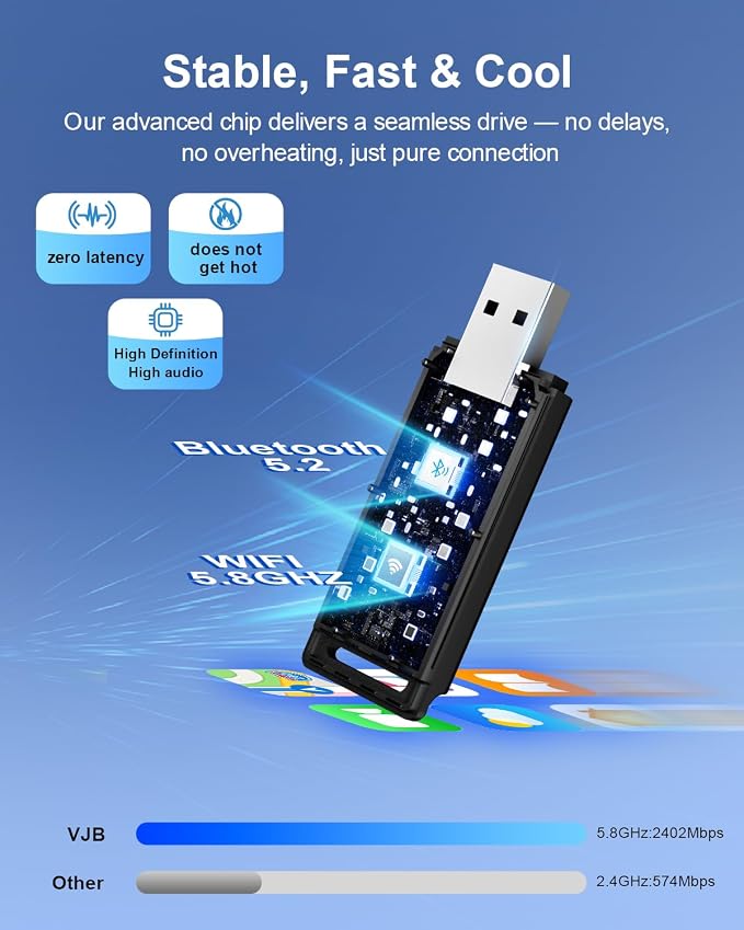 VJB Wireless CarPlay & Android Auto Adapter Dongle for iPhone & Android, Wired to Wireless Converter, Plug and Play USB Car Accessory, Fast Auto-Connect for 2016+ Vehicles (iOS 10+, Android 10+)