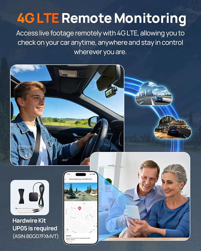 70mai A810 Lite 4K Dash Cam Front and Rear, 5GHz Wi-Fi 6 DashCam, Car Camera 4G LTE Remote Access, GPS Tracking, HDR Night Vision, 24H Parking Mode, Voice Control, Emergency Lock, Loop Recording