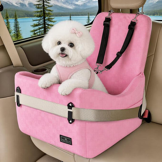 PETSFIT Dog Car Seat for Small/Medium Dogs Up to 35 lbs – Patented Safety System, 5" Memory Foam Pet Booster Car Seat, Fully Detachable and Washable Dog Carseat with 2 Storage Pockets (Pink)