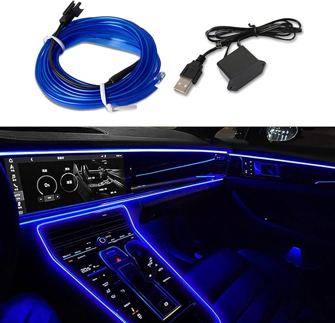 EL Wire Interior Car LED Strip Lights, 16.5FT USB Neon Glowing Strobing El Wire Lights with 6mm Sewing Edge, Ambient Lighting Kits Universal Car Interior Accessories for Most Car (Blue)