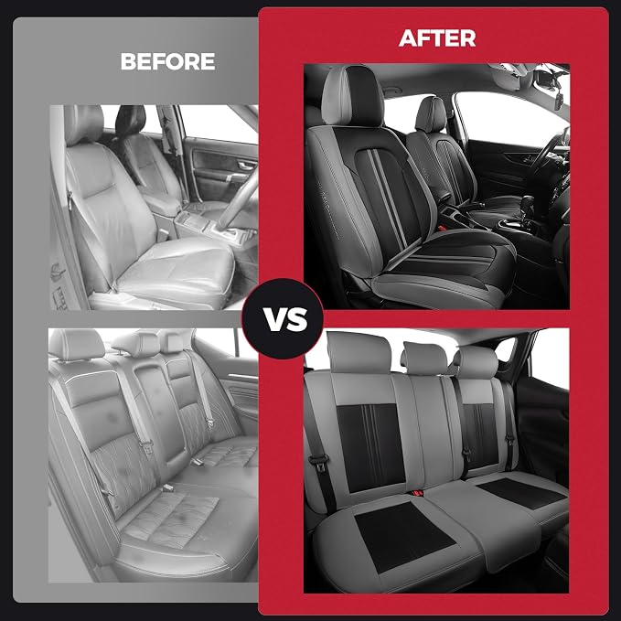 FREESOO Car Seat Covers Full Set, Black Gray Waterproof Car Seat Cover, Leather Seat Covers for Trucks, Luxury Car Seat Covers Front Seats and Auto Back, Car Seat Protector Cushion for Most SUV Cars