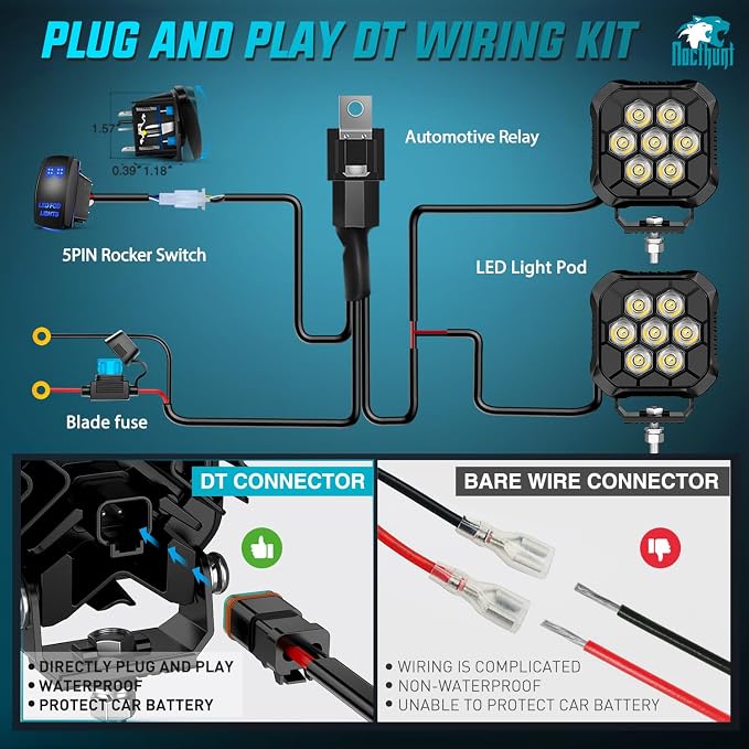 Nilight LED Pod Light 2 PCS 3.8 Inch 35 W 7 LED Square Hyper Spot Beam Offroad Driving Lights w/16 AWG Rocker Switch Wiring Harness Kit for Truck Motorbike Boat ATV UTV