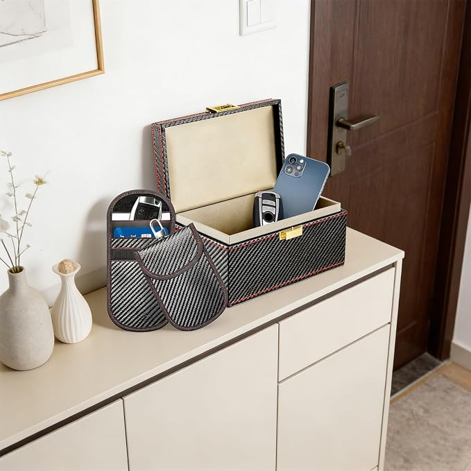 Elegant Car Storage Set with Shielding Box and 2 Protective Pouches for Enhanced Vehicle Leather Texture Planner