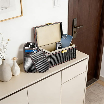 Elegant Car Storage Set with Shielding Box and 2 Protective Pouches for Enhanced Vehicle Leather Texture Planner