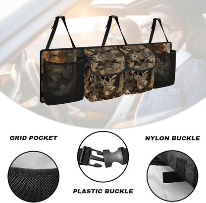 Deer Hanging Car Organizer Waterproof Collapsible Cars Storage Bag with 4 Pockets Space Saving Camo Forest Car Trunk Storage Organizer with Lid for Cars,SUV,Sedan