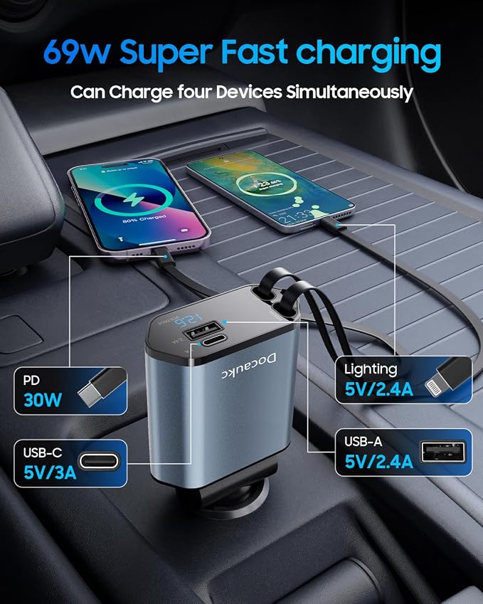 Retractable Car Charger for iPhone 17, 69W USB C 4 in 1 Fast Charging, Car Truck Accessories, Car Adapter, Road Trip Essentials Gift for Men Women, for iPhone 17 Pro Max Air 16 15 14 13, Galaxy, Pixel