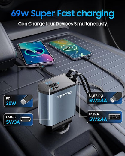 Retractable Car Charger for iPhone 17, 69W USB C 4 in 1 Fast Charging, Car Truck Accessories, Car Adapter, Road Trip Essentials Gift for Men Women, for iPhone 17 Pro Max Air 16 15 14 13, Galaxy, Pixel
