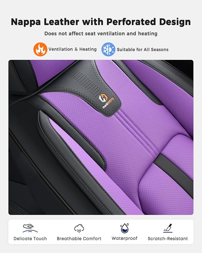 Huidasource Front Car Seat Cover Luxury Nappa Leather, Leather Front Seat Covers with Airbag, Front Storage Pocket, Lumbar Support, Cooling＆Heating Universal Fit for Most Cars SUV Trucks, Black&Purple