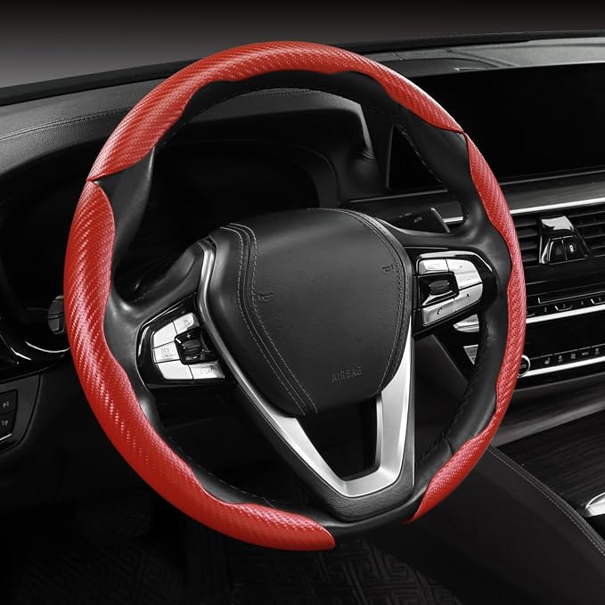 Carbon Fiber Steering Wheel Cover, Snap on Car Steering Wheel Cover Set Accessories 3pcs Wrap Grip Non Slip Protector Universal Matte Red