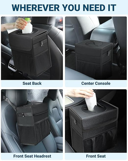 Capolo Car Trash Can with Lid, Leakproof Car Trash Bag Hanging Waterproof Automotive Garbage Can with Storage Pockets Mini Vehicle Trash Bin for Back/Front Seat(Black,2.5 Gallon)