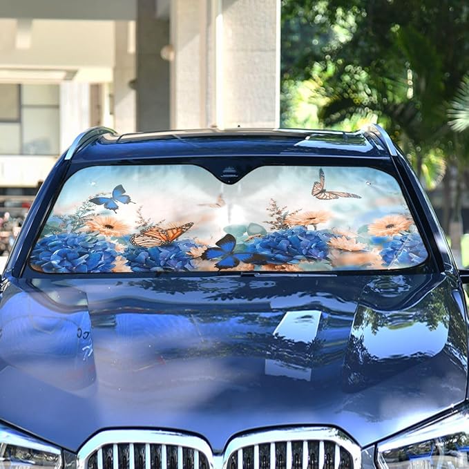 Butterfly Daisy Car Windshield Sun Shade Blue Hydrangea Yellow Flowers Foldable UV Ray Sun Visor Protector Sunshade to Keep Your Vehicle Cool (55" x 27.6")