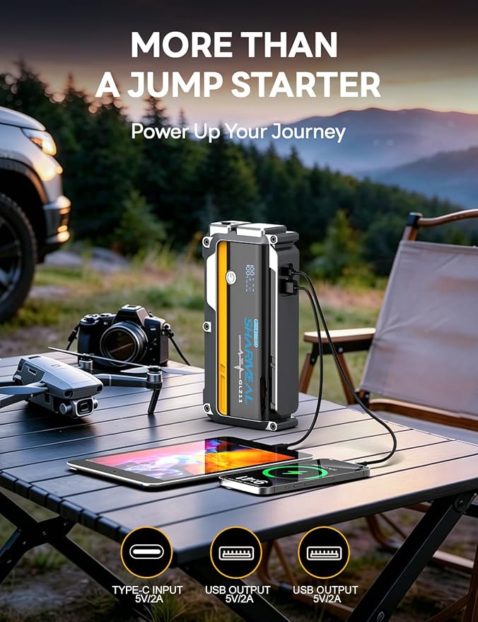 Sharmeal Jump Starter, 6000A Battery Jumper Starter Portable (All Gas/10.0L Diesel), 12V Jump Box Car Battery Jump Starter with Smart Jumper Cables, LED Light