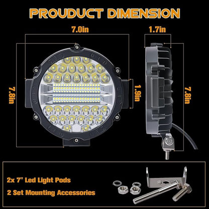 2PCS 201W Led Pod Lights, LikeSafe 7 Inch Round LED Light, 21000lm Off Road Lights Combo Beam Vehicle Accessories for Truck Tractor SUV ATV UTV with Wiring Harness, Black