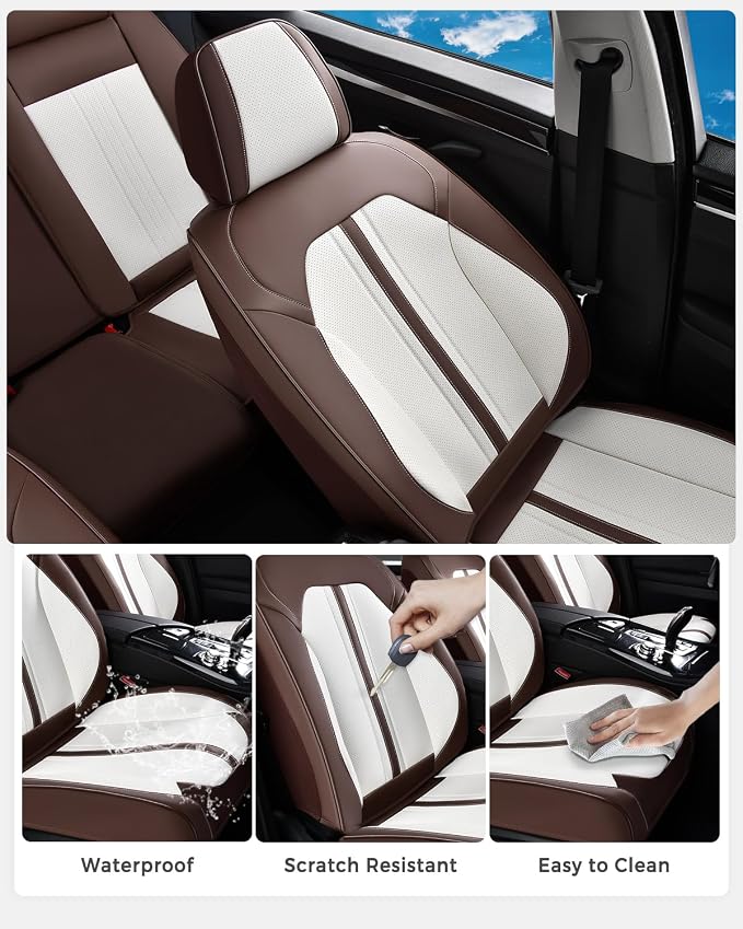 Huidasource Car Seat Covers Full Set, Luxury Faux Leather Car Seat Covers, Velcro Adjustable, with Airbags, Child Seat, Cooling＆Heating, Universal Fit for Most Cars, Vans, Trucks, SUVs, Coffee＆White