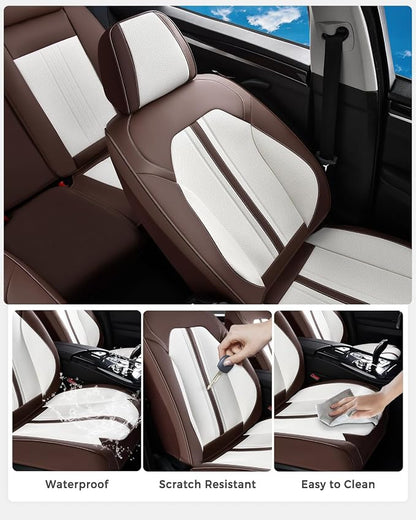 Huidasource Car Seat Covers Full Set, Luxury Faux Leather Car Seat Covers, Velcro Adjustable, with Airbags, Child Seat, Cooling＆Heating, Universal Fit for Most Cars, Vans, Trucks, SUVs, Coffee＆White