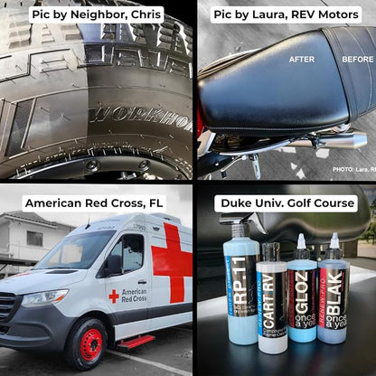 RENEW PROTECT - GLOZ, Tire & Trim Treatment, Ceramic-Hybrid Protectant, Lasts Months - Years, Mid or High Shine, Floor Mats-RV-Golf Cart, 100% Motorcycle-Safe, Wash-Proof, 5min Dry-Seal 16oz