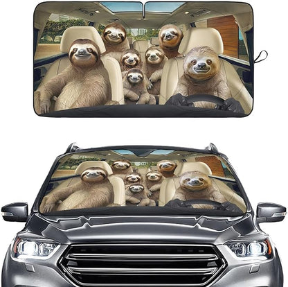 GENANY Cute Sloth Family Funny Windshield Sun Shade for Car SUV Truck (64x32 Inches), Automobile Sunshade, Protector Blocks UV, Car Accessories, Auto Decor