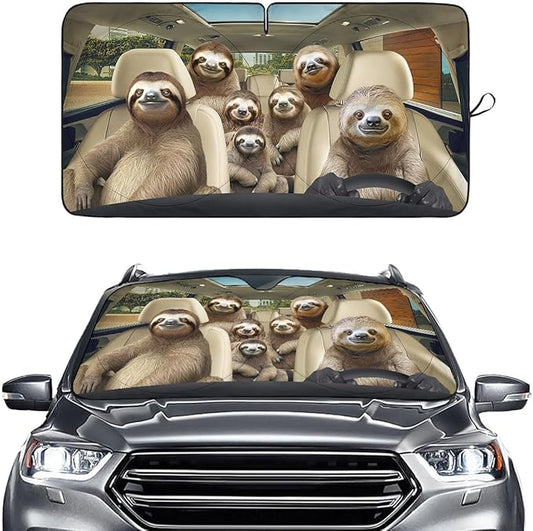 GENANY Cute Sloth Family Funny Windshield Sun Shade for Car SUV Truck (64x32 Inches), Automobile Sunshade, Protector Blocks UV, Car Accessories, Auto Decor