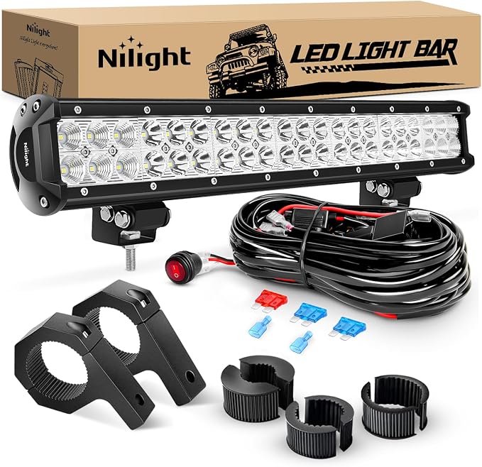 Nilight 20 Inch 126W Spot Flood Combo LED Light Bars Off-Road Light Mounting Bracket Horizontal Bar Tube Clamp with Off Road Wiring Harness, 2 Years Warranty, White