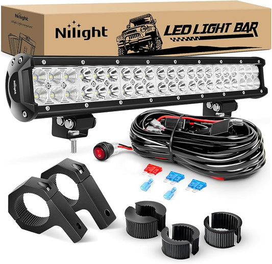 Nilight 20 Inch 126W Spot Flood Combo LED Light Bars Off-Road Light Mounting Bracket Horizontal Bar Tube Clamp with Off Road Wiring Harness, 2 Years Warranty, White