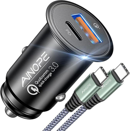 AINOPE 67.5W Car Charger USB C Fast Charging【Mini & Metal】[+ 6.6 FT Type-C Cable] Dual Port PD/QC3.0 Cigarette Lighter USB Charger Adapter for iPhone 17 Pro Max 16 15 Air Samsung Android, Black