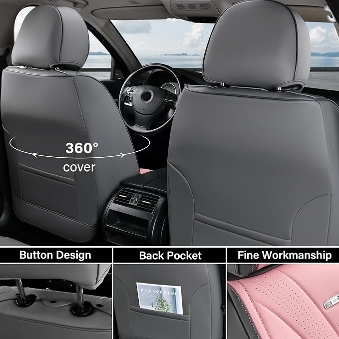 Coverado Front Seat Covers, 2 Pack Leather Seat Cover for Cars, Waterproof Seat Covers, Front Seat Car Seat Protectors, Driver Car Seat Cushions Universal Fit for Most Vehicles, Gray&Pink