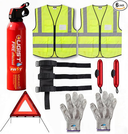 Ougist Roadside Emergency Car Kit with ABCK Fire Extinguisher for Vehicle, Intuitive Window Breaker, Protective Gloves & Triangles, Complete Car Emergency Kit for Breakdown & Fire Safety