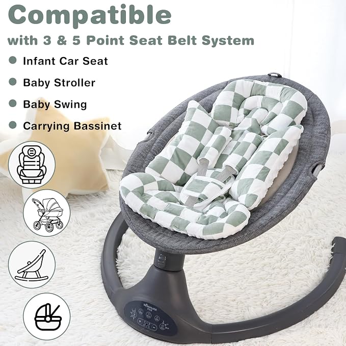 DILIMI Infant Car Seat Insert, Baby Car Seat Head Support with 3 Strap Paddings, Soft Newborn Car Seat Cushion for Stroller, Swing, Bouncers, Green Checkered