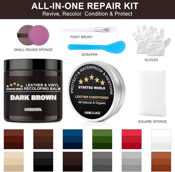 STARTSO WORLD 200Ml Leather Recoloring Balm with 100ML Leather Conditioner, Dark Brown Leather Repair Kit for Furniture, Leather Dye, Leather Scratch Repair, Leather Couch Paint