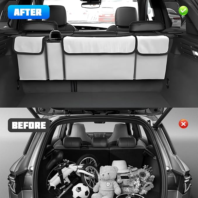 Car Trunk Organizer with Lid, Large Waterproof Vehicle Backseat Hanging Storage Bag with 4 Pockets & Adjustable Straps, Collapsible Automotive Interior Cargo Bag, Universal Fit (White/Grey)
