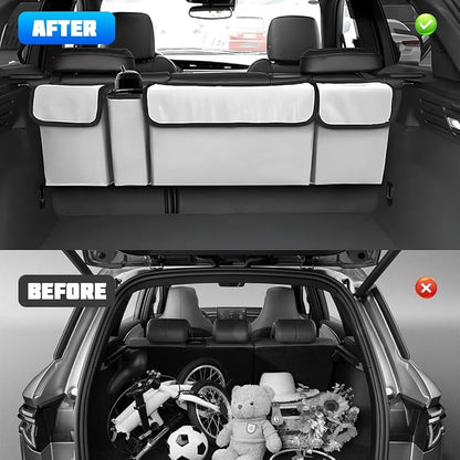 Car Trunk Organizer with Lid, Large Waterproof Vehicle Backseat Hanging Storage Bag with 4 Pockets & Adjustable Straps, Collapsible Automotive Interior Cargo Bag, Universal Fit (White/Grey)
