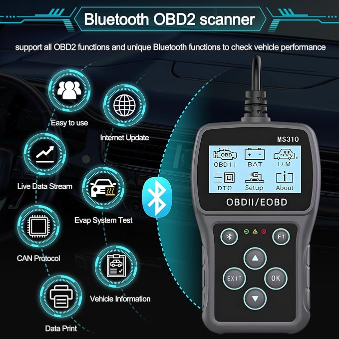 Bluetooth OBD2 Scanner Diagnostic Tool with Battery Tester: Check Engine Code Reader - Plug & Play with Live Data and Trip Analysis, Scan Tool for All OBDII Protocol Cars Since 1996