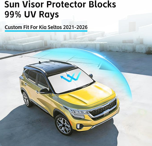 Windshield Sun Shade for Kia Seltos 2021-2026 Sunshade 300T Windshield Cover Shield Protector Blocks UV Rays Custom Fit Seltos Front Window Shades Windshield Accessories Keep Cool Foldable
