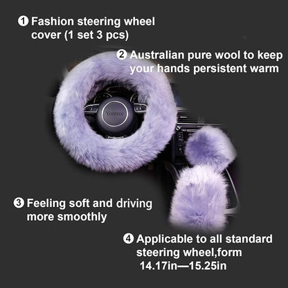 Yontree Fashion Fluffy Steering Wheel Covers for Women/Girls/Ladies Australia Pure Wool 15 Inch 1 Set 3 Pcs (Gray)