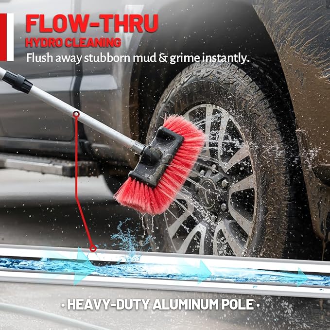 65" Flow-Thru Car Wash Brush with Pole, Red, 4-Head Kit | Red soft bristle brush with 3 extra detail brushes (tire scrubber & 2 stiff). 4-head heavy duty truck wash kit with bag.