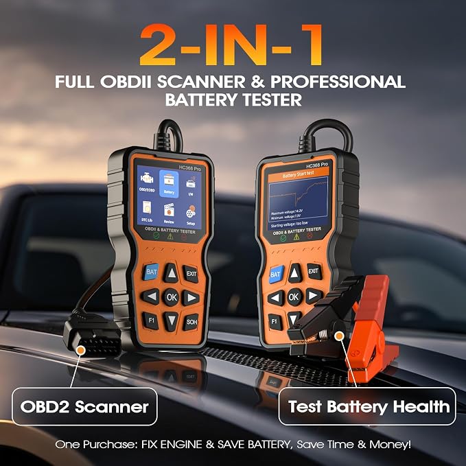 OBD2 Scanner with Battery Tester, 2-in-1 Design 1-Sec Read/Clear Check Engine Code Reader, 12V Car Battery Health & Charging System Analyzer, Universal Auto Diagnostic Tool for 1996+ Cars